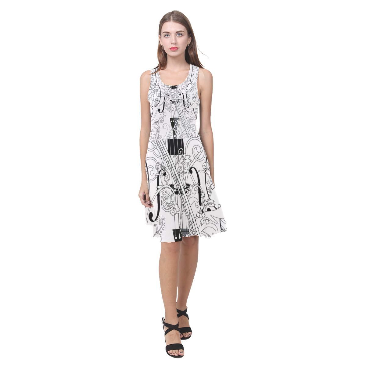 Violin Print Sundress Black and White Atalanta Casual Sundress(Model D04)