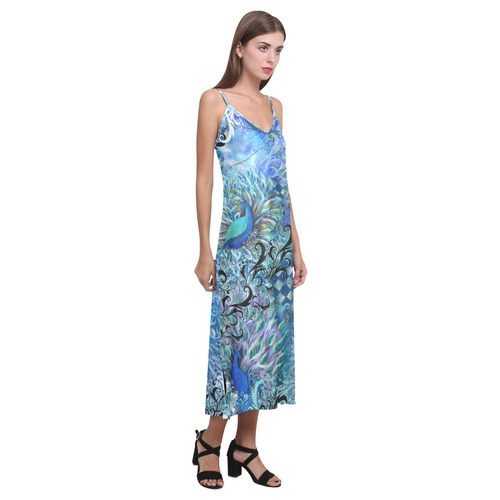Blue Peacock Teal Print Summer Dress V-Neck Open Fork Long Dress(Model ...