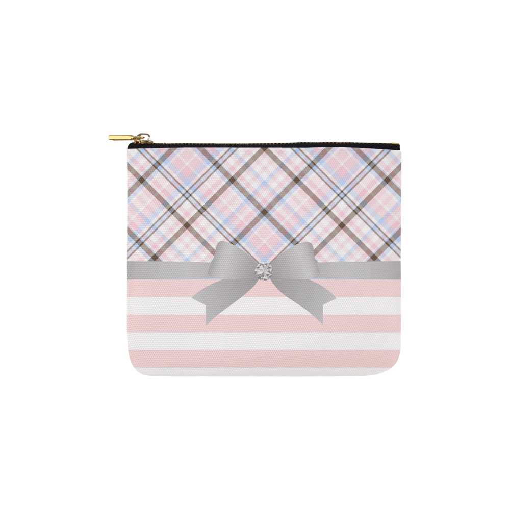 Pink Blue Grey Plaid, Pink Stripes, Grey Bow Carry-All Pouch 6''x5''