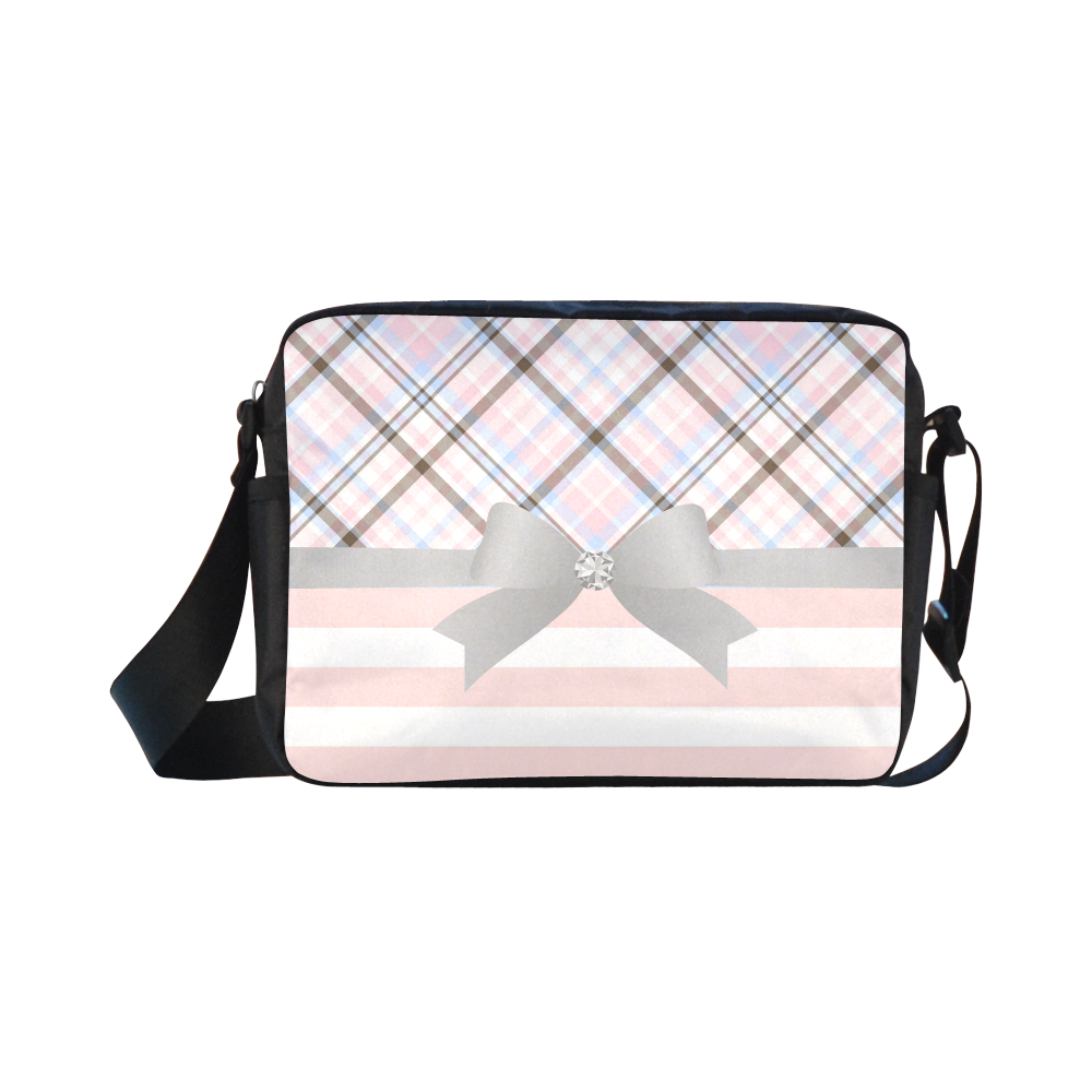 Pink Blue Grey Plaid, Pink Stripes, Grey Bow Classic Cross-body Nylon Bags (Model 1632)