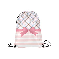 Pink Blue Grey Plaid, Pink Stripes, Pink Bow Medium Drawstring Bag Model 1604 (Twin Sides) 13.8"(W) * 18.1"(H)
