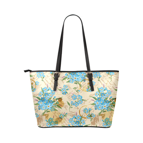 Vintage Blue Floral Grunge Pattern Leather Tote Bag/Large (Model 1651)