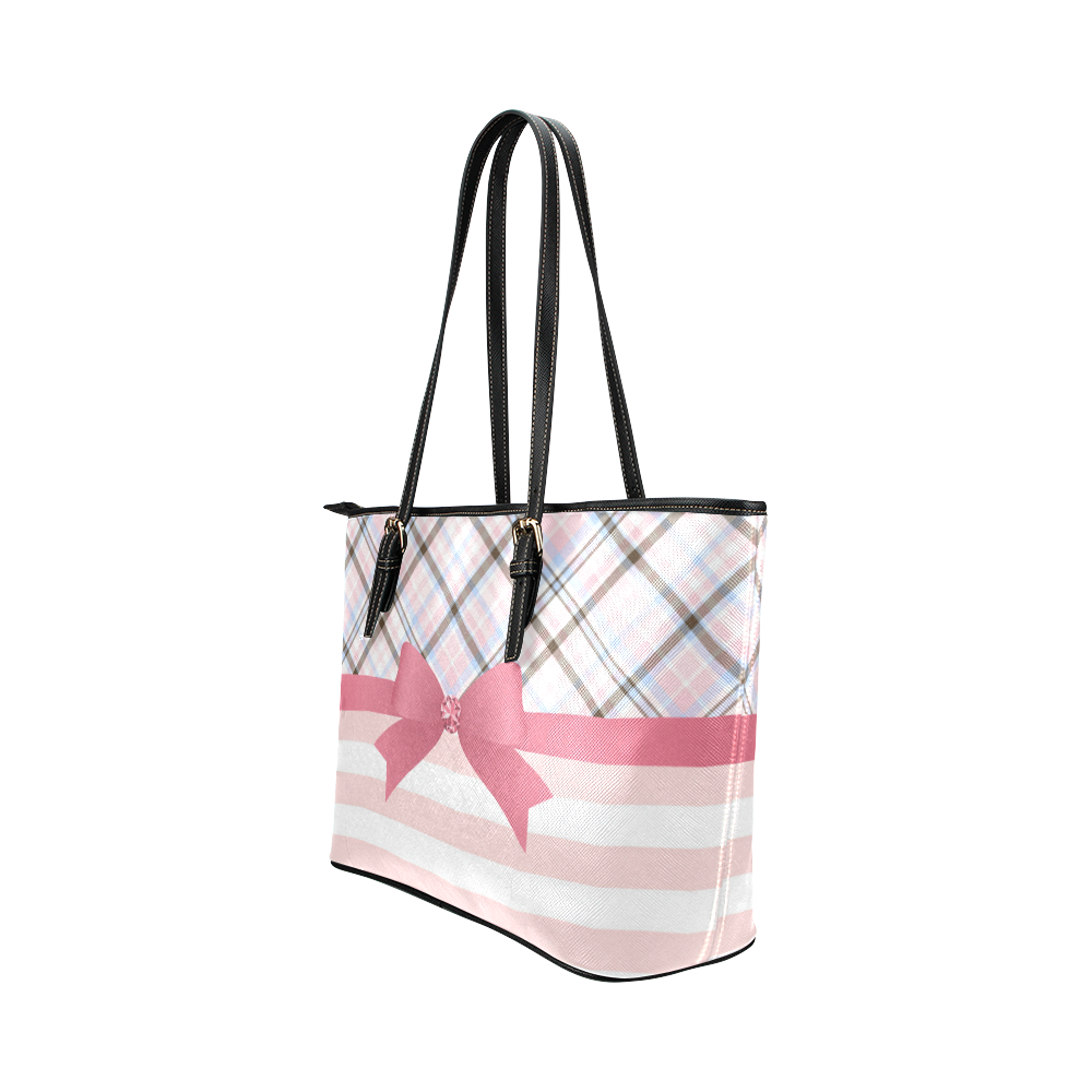 Pink Blue Grey Plaid, Pink Stripes, Pink Bow Leather Tote Bag/Small (Model 1651)