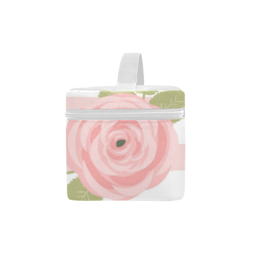 Pink White Stripes, Pink Rose, Green Leaves Cosmetic Bag/Large (Model 1658)