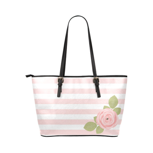 Pink White Stripes, Pink Rose, Green Leaves Leather Tote Bag/Small (Model 1651)
