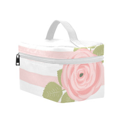 Pink White Stripes, Pink Rose, Green Leaves Cosmetic Bag/Large (Model 1658)