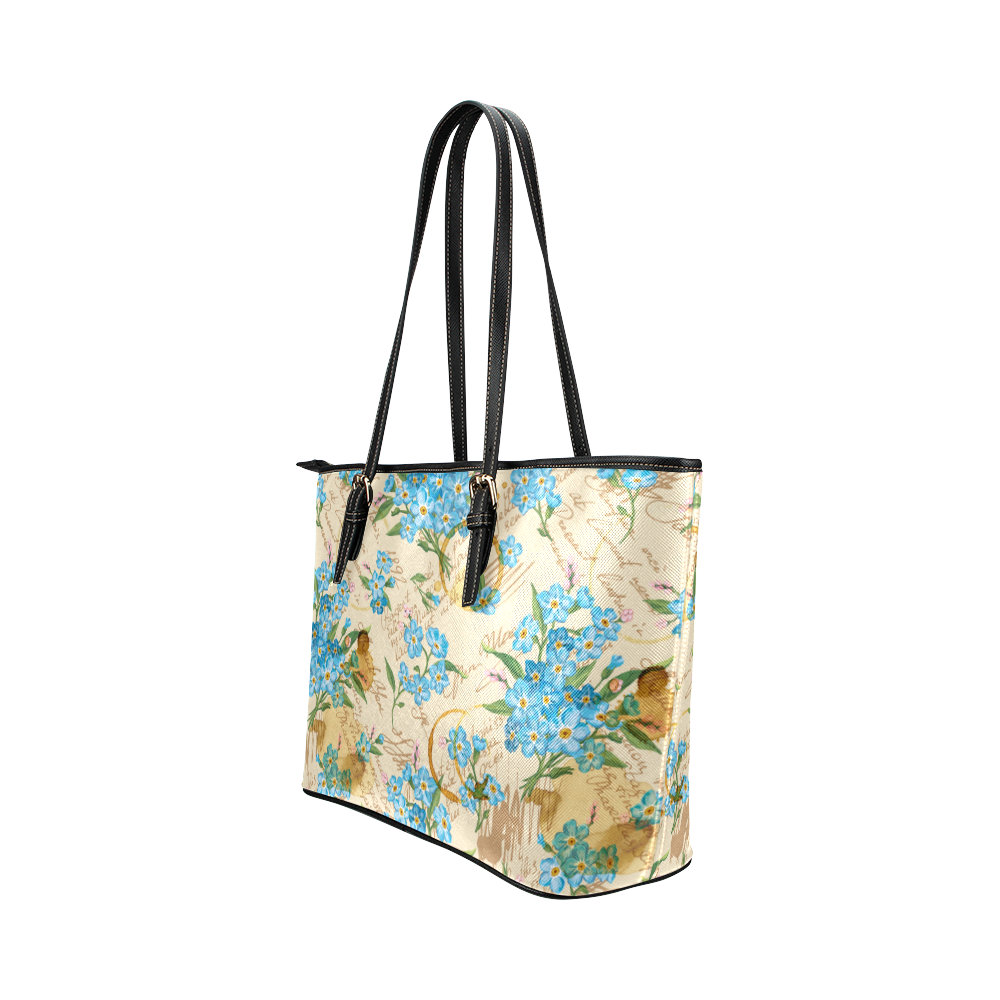 Vintage Blue Floral Grunge Pattern Leather Tote Bag/Large (Model 1651)