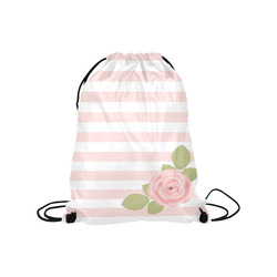 Pink White Stripes, Pink Rose, Green Leaves Medium Drawstring Bag Model 1604 (Twin Sides) 13.8"(W) * 18.1"(H)