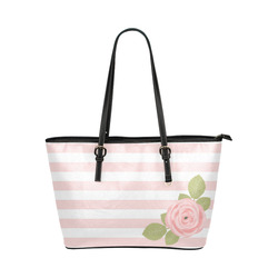Pink White Stripes, Pink Rose, Green Leaves Leather Tote Bag/Small (Model 1651)