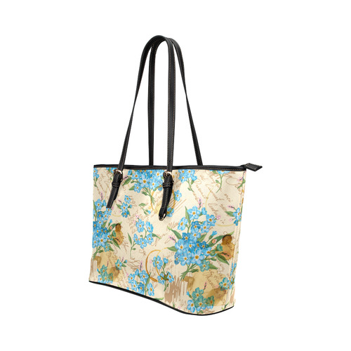 Vintage Blue Floral Grunge Pattern Leather Tote Bag/Large (Model 1651)