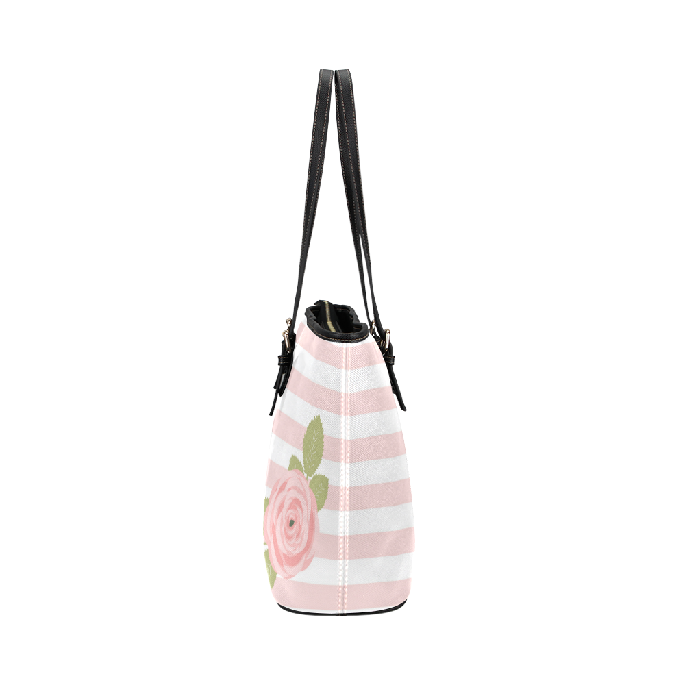 Pink White Stripes, Pink Rose, Green Leaves Leather Tote Bag/Small (Model 1651)