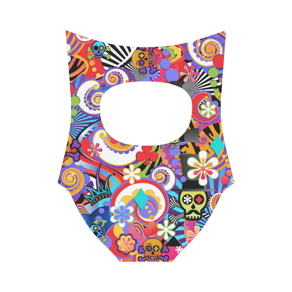 Sugar Skull Colorful Print Swimsuit by Juleez Strap Swimsuit ( Model S05)