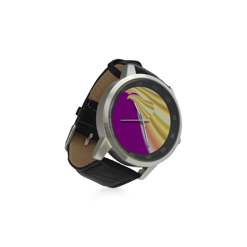 Gold & Purple Swirl Love Heart Unisex Stainless Steel Leather Strap Watch(Model 202)