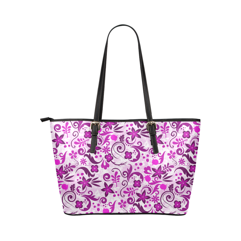Deep Pink Floral Leather Tote Bag/Small (Model 1651)