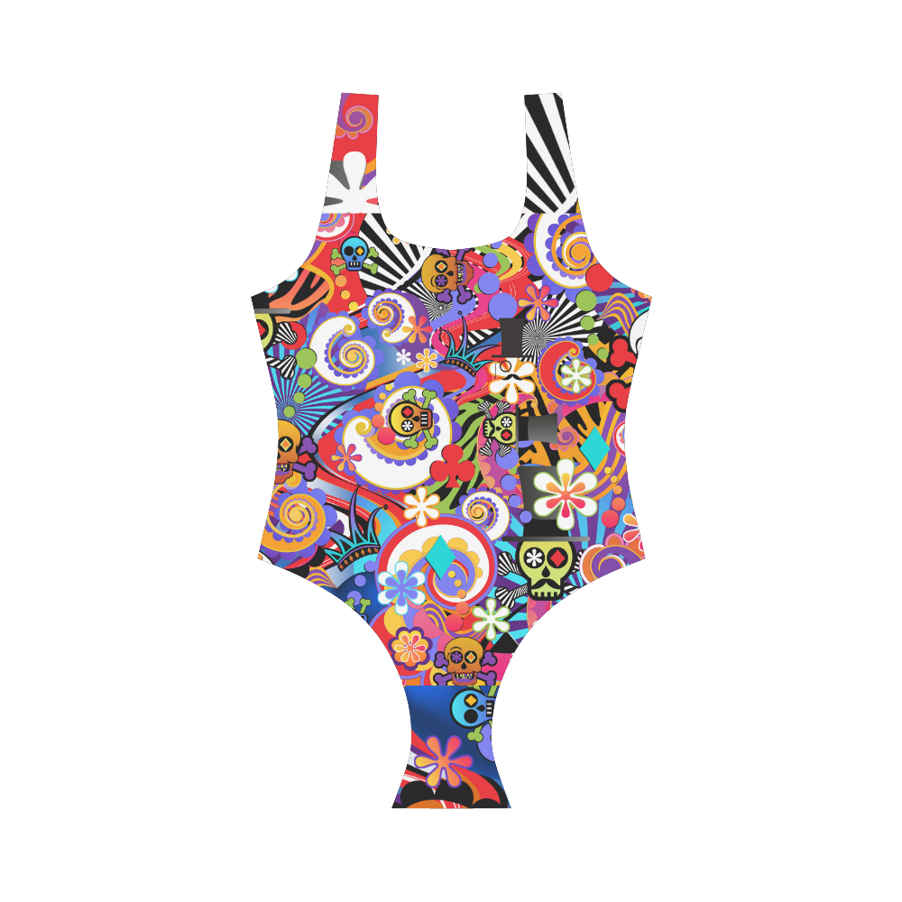 Sugar Skull Colorful Print Swimsuit by Juleez Vest One Piece Swimsuit (Model S04)