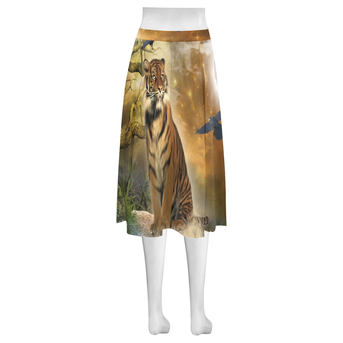 Awesome itger in the night Mnemosyne Women's Crepe Skirt (Model D16)