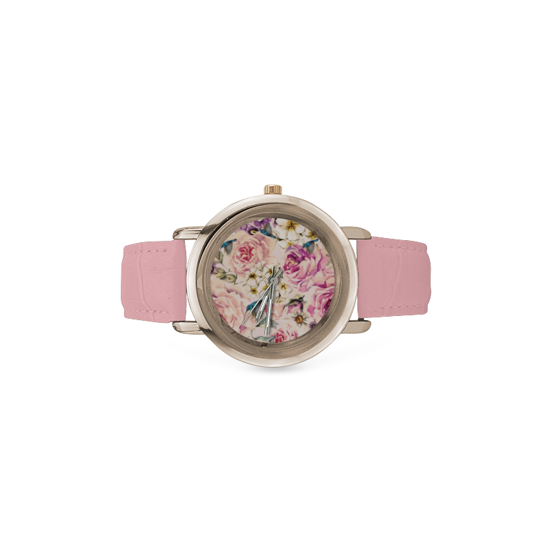 Flowers and birds Women's Rose Gold Leather Strap Watch(Model 201)
