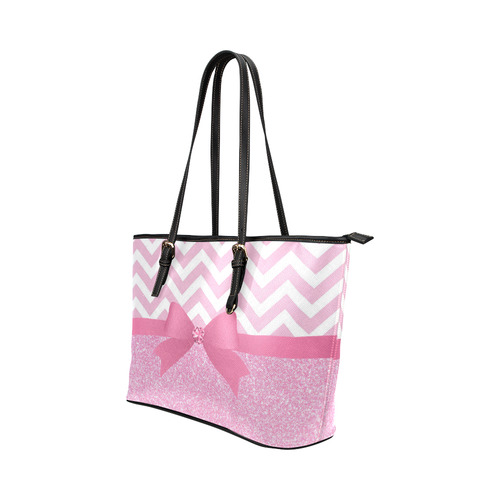 Pink Glitter, Pink Chevron, Pink Bow Leather Tote Bag/Small (Model 1651)