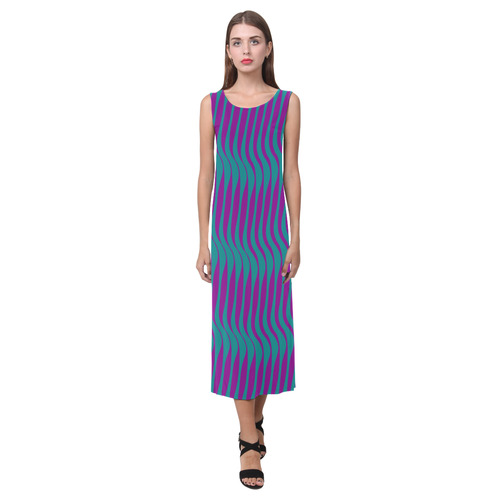 Wavy Stripes, Teal and Purple Phaedra Sleeveless Open Fork Long Dress (Model D08)