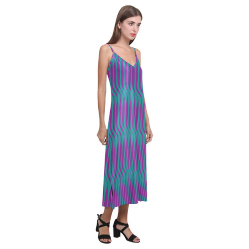 Wavy Stripes, Teal & Purple V-Neck Open Fork Long Dress(Model D18)
