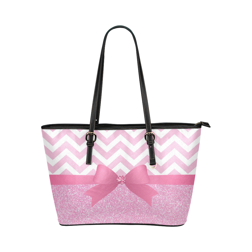 Pink Glitter, Pink Chevron, Pink Bow Leather Tote Bag/Small (Model 1651)