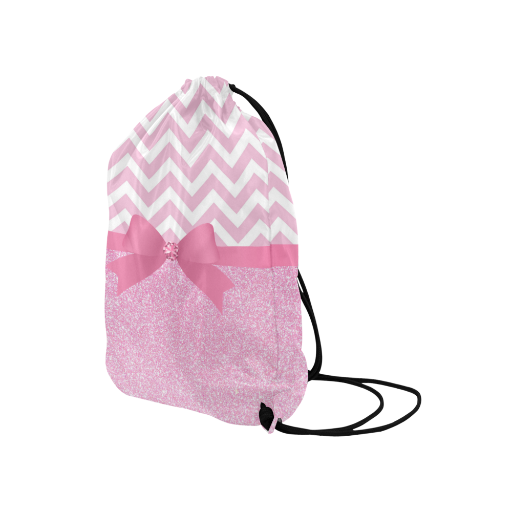Pink Glitter, Pink Chevron, Pink Bow Medium Drawstring Bag Model 1604 (Twin Sides) 13.8"(W) * 18.1"(H)