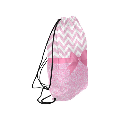 Pink Glitter, Pink Chevron, Pink Bow Medium Drawstring Bag Model 1604 (Twin Sides) 13.8"(W) * 18.1"(H)
