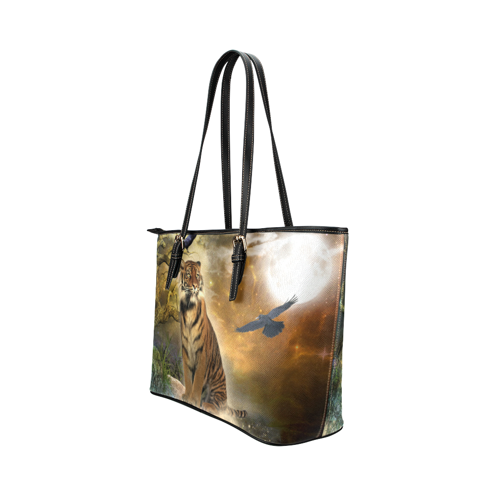Awesome itger in the night Leather Tote Bag/Small (Model 1651)