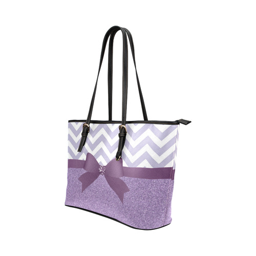 Purple Glitter, Purple Chevron, Purple Bow Leather Tote Bag/Small (Model 1651)
