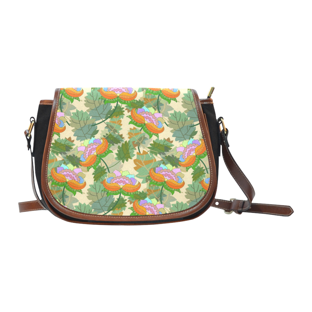 Pink Orange Floral Pattern Green Leaves Saddle Bag/Small (Model 1649)(Flap Customization)