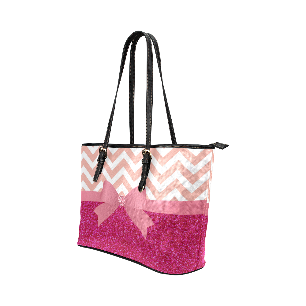 Pink Chevron, Hot Pink Glitter and Bow Leather Tote Bag/Small (Model 1651)