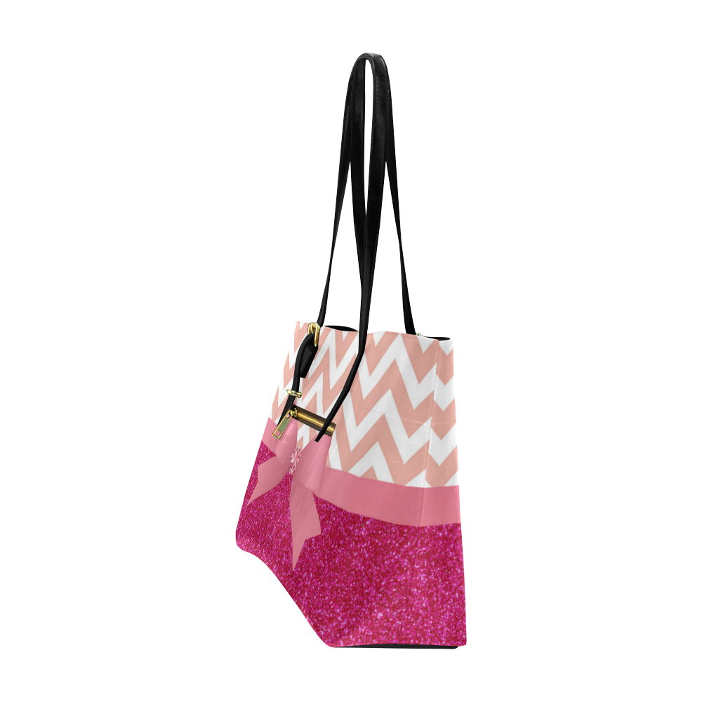 Pink Chevron, Hot Pink Glitter and Bow Euramerican Tote Bag/Large (Model 1656)
