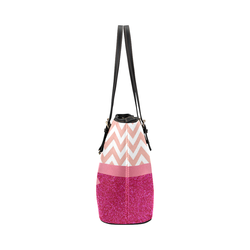 Pink Chevron, Hot Pink Glitter and Bow Leather Tote Bag/Small (Model 1651)