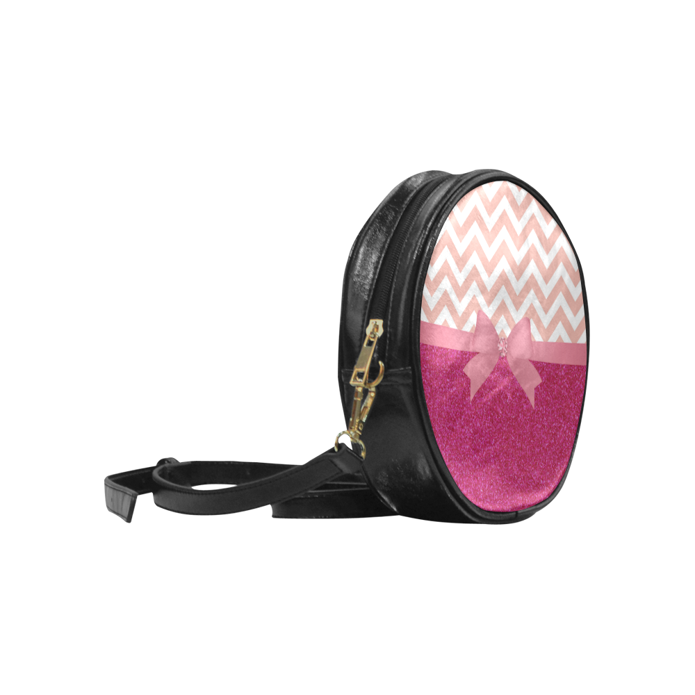 Pink Chevron, Hot Pink Glitter and Bow Round Sling Bag (Model 1647)