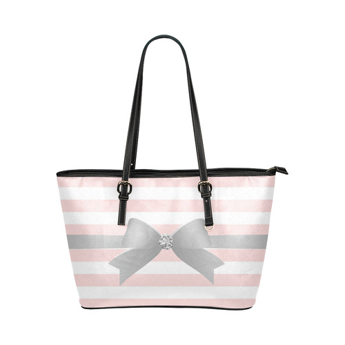 Pink White Stripes with Silver Bow Leather Tote Bag/Small (Model 1651)
