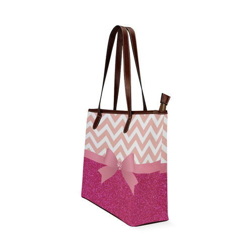 Pink Chevron, Hot Pink Glitter and Bow Shoulder Tote Bag (Model 1646)