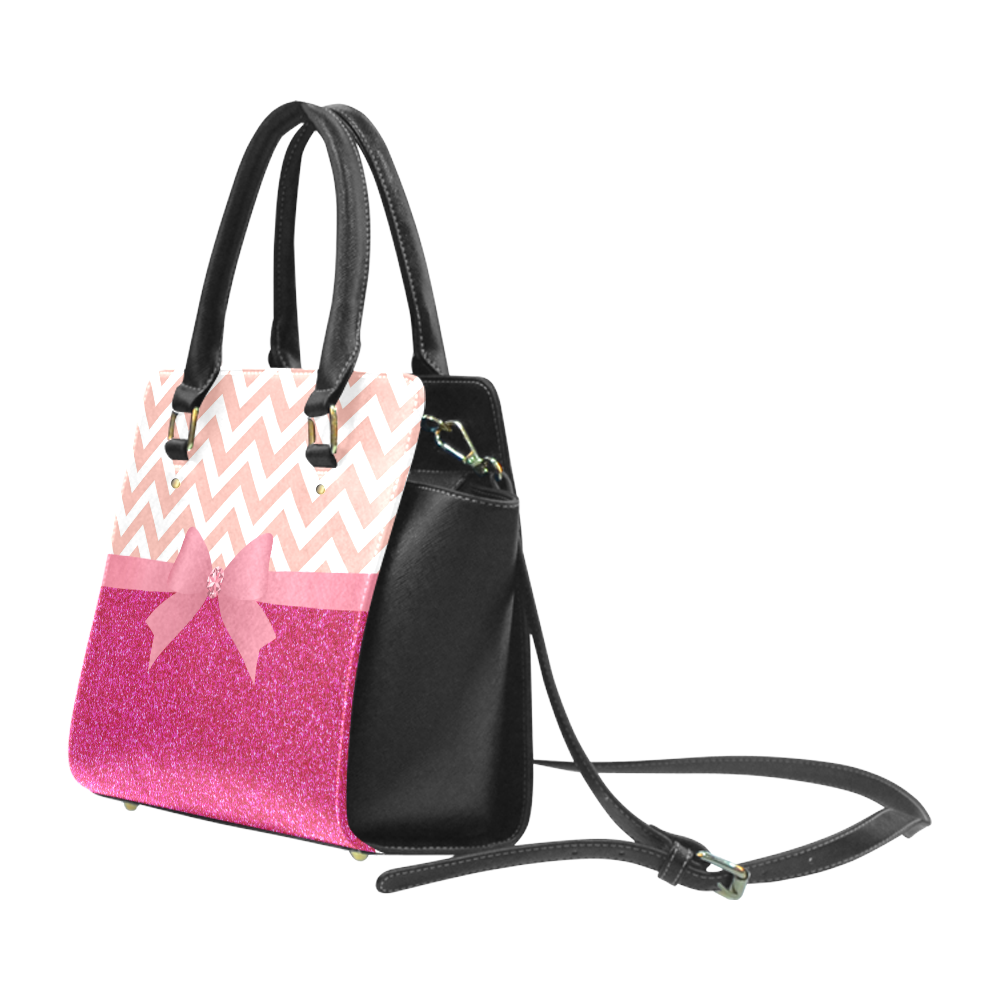 Pink Chevron, Hot Pink Glitter and Bow Classic Shoulder Handbag (Model 1653)