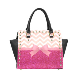 Pink Chevron, Hot Pink Glitter and Bow Rivet Shoulder Handbag (Model 1645)