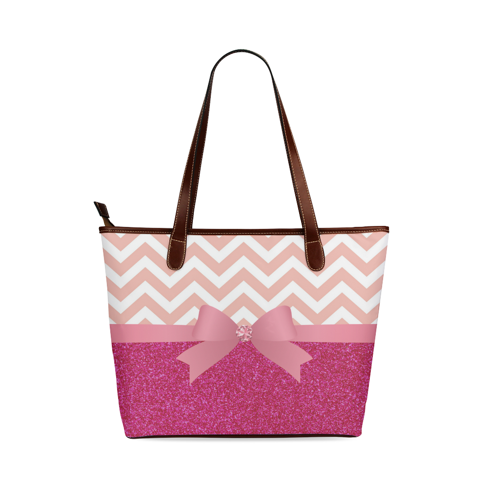 Pink Chevron, Hot Pink Glitter and Bow Shoulder Tote Bag (Model 1646)