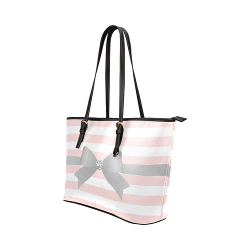 Pink White Stripes with Silver Bow Leather Tote Bag/Small (Model 1651)