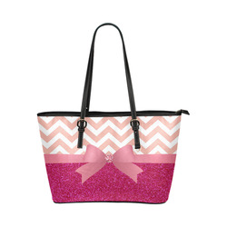 Pink Chevron, Hot Pink Glitter and Bow Leather Tote Bag/Small (Model 1651)