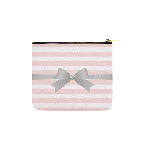 Pink White Stripes with Silver Bow Carry-All Pouch 6''x5''