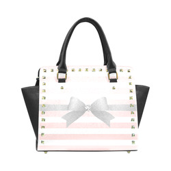 Pink White Stripes with Silver Bow Rivet Shoulder Handbag (Model 1645)