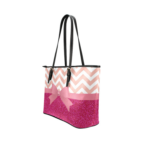 Pink Chevron, Hot Pink Glitter and Bow Leather Tote Bag/Small (Model 1651)