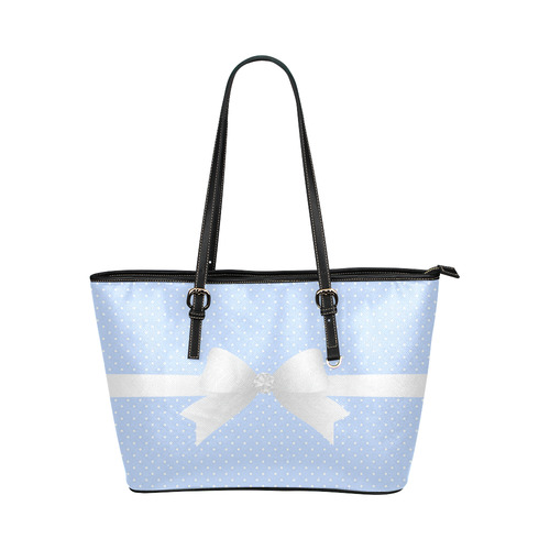 Baby Blue White Polka Dots with White Bow Leather Tote Bag/Small (Model 1651)