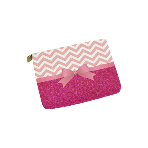Pink Chevron, Hot Pink Glitter and Bow Carry-All Pouch 6''x5''