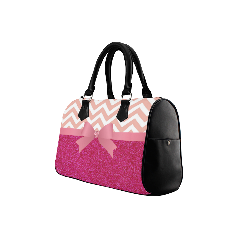 Pink Chevron, Hot Pink Glitter and Bow Boston Handbag (Model 1621)