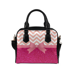 Pink Chevron, Hot Pink Glitter and Bow Shoulder Handbag (Model 1634)