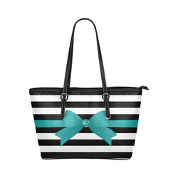 Black White Stripes with Jade Bow Leather Tote Bag/Small (Model 1651)