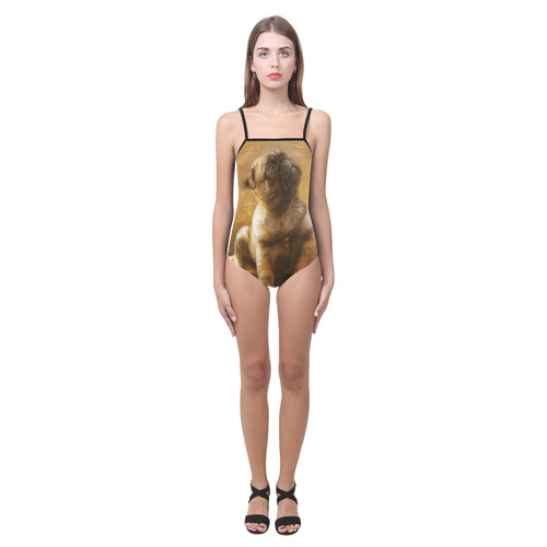 Cute painting pug puppy Strap Swimsuit ( Model S05)